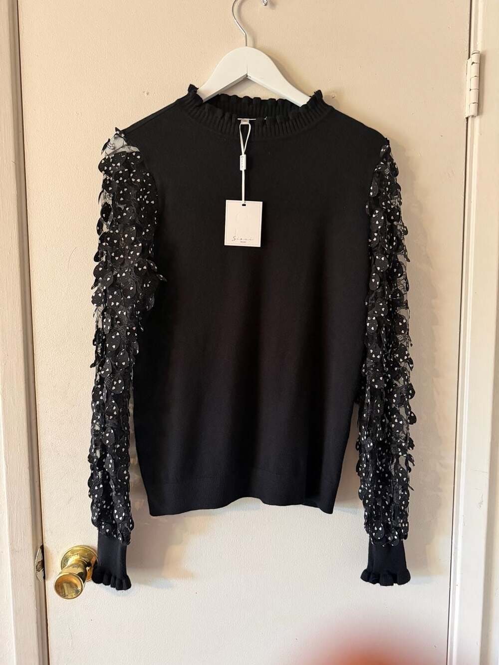Sioni Milano Mock Neck Sweater with Applique Lace Sleeves